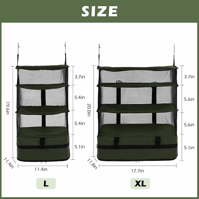Surblue Hanging Closet Storage Bag Collapsible 3-Shelf Washable Oxford Fabric with 2 Hooks (L 11.41 * 11.41 * 19.68in, Dark Green) - Image 2