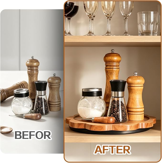 WLWNWFT Lazy Susan Turntable Organizer 10in, Acacia Wood Flower Shape Rotating Tray Candle Decoration Tray Centerpiece for Coffee Table, Candle Holder Display, Spice Rack, Pantry Organiser - Image 3