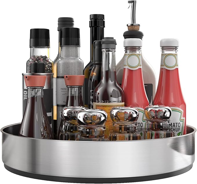 VAEHOLD Pantry Cabinet Lazy Susan Stainless Steel Black Spice Rack Turntable - Decorative Trays Storage Containers Organizer for Kitchen Cabinet, Snacks, Bathroom (12 inches) by VAEHOLD