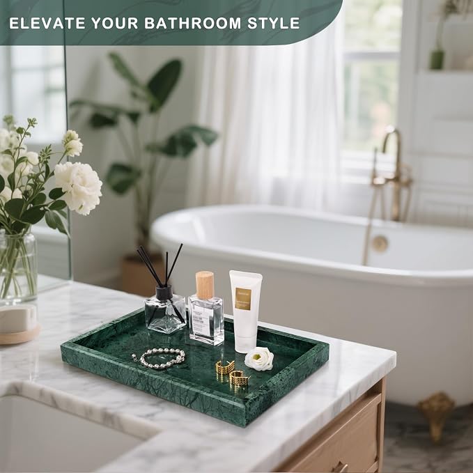 Marble Bathroom Tray for Countertop & Home Decor, Natural Decorative Marble Tray for Jewelry & Perfume Organizer, Luxury Stone Vanity Trays for Dresser, Kitchen Counter, 12" x 8", Green - Image 4