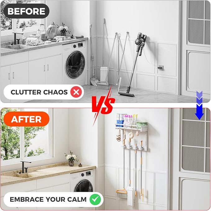 Broom Holder Wall Mount with Shelf,Broom Hanger with 4 Hooks,Broom and Mop Organizer Wall Hanging for Laundry,Garage, Utility,Broom Rack,Cleaning Supplies Organizer and Tool Storage,White - Image 5