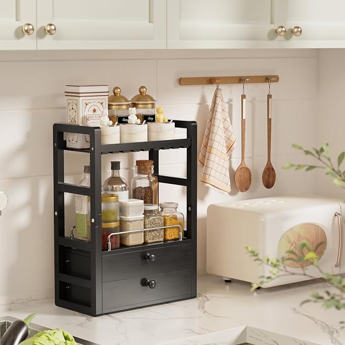 AmazerBath Bamboo Bathroom Counter Organizer, 2-Tier Makeup Organizer with 2 Drawers, Vanity Organizer Storage Coffee Matcha Station, Compact Shelf for Bathroom Kitchen Office Countertop, Black - Image 7