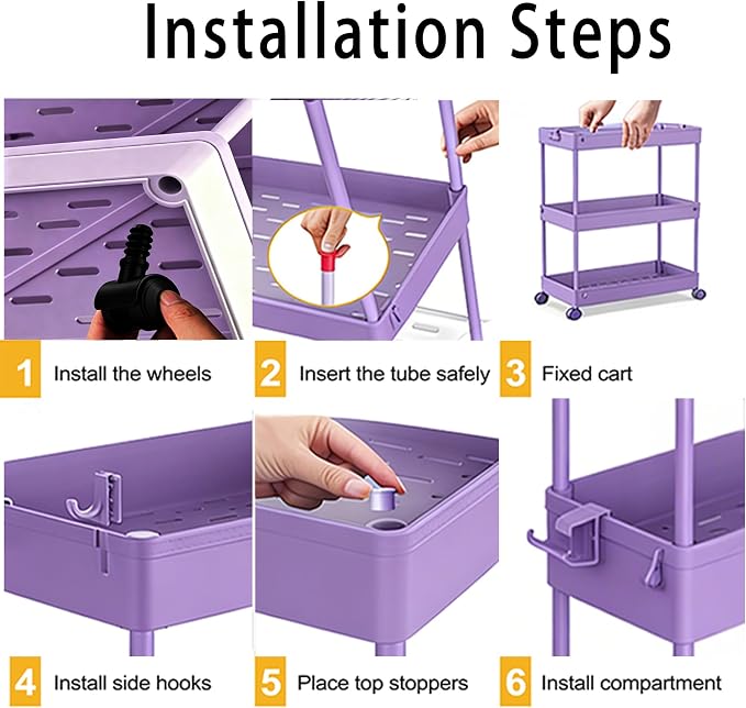 SPACELEAD Slim Storage Cart 3 Tier,Bathroom Organizer Rolling Utility,Mobile Shelving Unit Slide Out for Office, Kitchen, Laundry Room & Narrow Places,Purple - Image 4