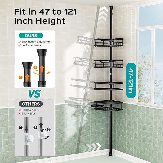 HAMITOR Corner Shower Caddy Tension Pole: Rustproof Stable 4-Tier Bathroom Organizer Shelves for Bathtub Shampoo Storage - 47-121 Inch Quick Install Adjustable Standing Rack with Soap Rack - Black - Image 4