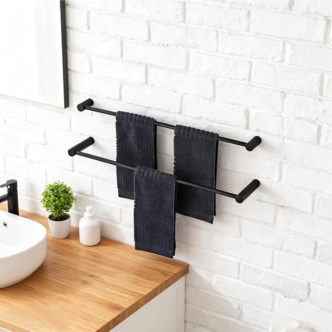 Towel Racks for Bathroom, NEWRAIN 30 inch Double Bath Towel Bar Wall Mounted, Stainless Steel Kitchen Towel Holder, Matte Black Towel Rod Towel Rail Hange - Image 2