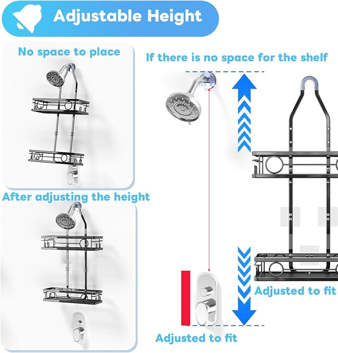 Adjustable Shower Caddy Hanging Rustproof Large-Capacity Bathroom Organizer Shower Racks with Hooks for Razor Bathroom Organizers and Storage - Image 7