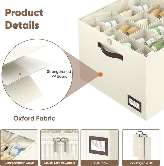 OIAHOMY 2 Pack Shoe Organizer for Closet, Large Foldable Shoe Storage Bins with Dividers and Reinforced Handles, Each Clear Cover Sneaker Box Fits Up to 16 Pairs for Entryway and Bedroom, Beige - Image 5