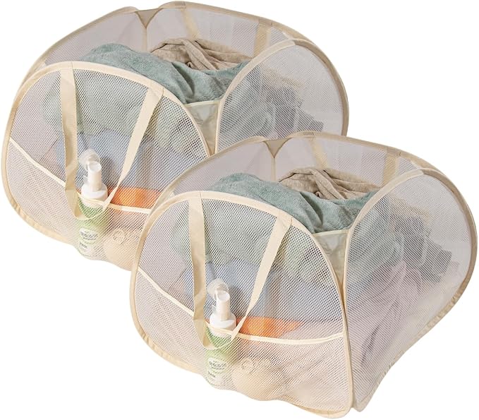 Collapsible Laundry Basket 90L, Mesh Pop-up Hamper, Beige 2PCS by LUANMEET