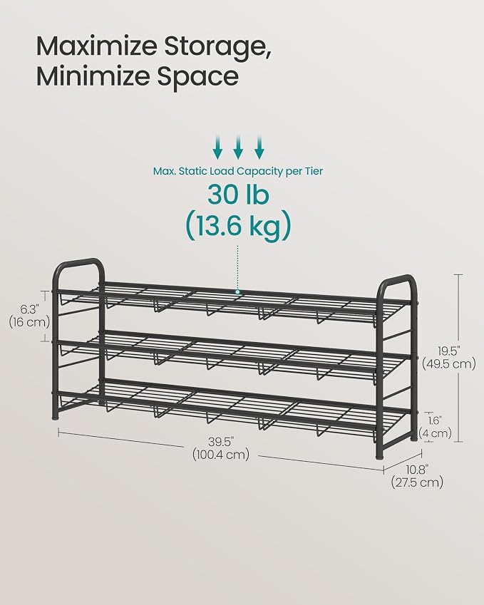 SONGMICS 3-Tier Long Stackable Metal Shoe Rack, Holds Up to 15 Pairs | Shoe Organizer for Closet, Entryway, and Small Spaces, with Adjustable Slanted Shelves, Black, DAVIAN Collection ULMR106BD01 - Image 5