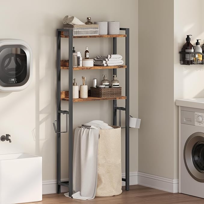 MAHANCRIS Over The Toilet Storage Rack, 3 Tier Bathroom Organizer Over Toilet, Freestanding Space Saver Toilet Stand with 2 Hooks, Bathroom Storage Shelf, Easy to Assemble, Rustic Brown TSHR6001 - Image 4