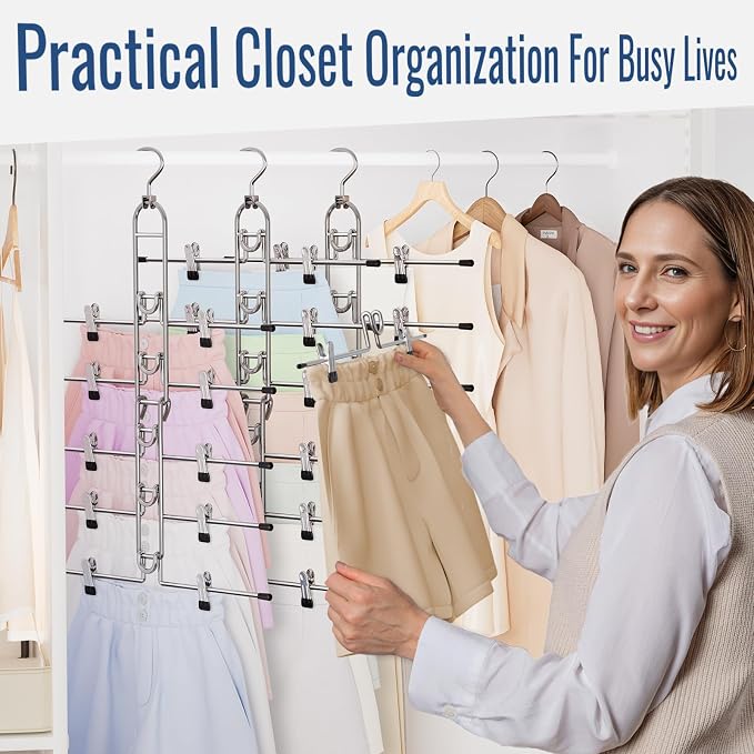 Pants & Skirt Hangers with Clips, Newly Upgraded Detachable - Space Saving Hangers, 6-Tiers Foldable Skirt Hangers for Women - Hanging Closet Organizer and Storage - 4 Pack, Patent Pending - Image 4