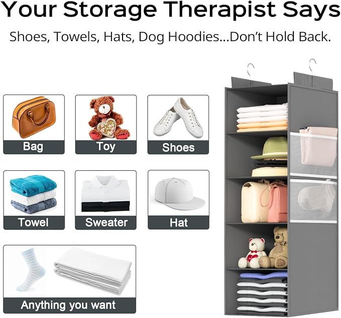 Deep Hanging Closet Organizers and Storage, Closet Hanging Storage Shelves with 5 Shelves and 4 Mesh Pockets, Heavy-Duty Closet Organizer for Clothes, Hats, and RVs and Dorm Essential,1-Pack, Grey - Image 8