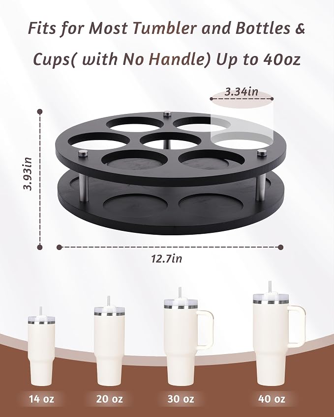 Rotating Wood Tumbler Organizer, 30 oz 40 oz Spinning Turnable Tumblers Holder, 360° Rotatable 7 Large Cups Bottle Tumbler Storage Display Stand, Rotate Syrup Organizer for Cabinet Countertop（Black） - Image 2