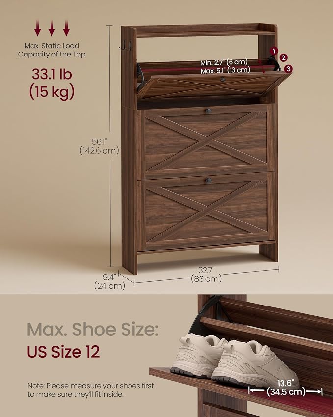 VASAGLE Narrow Shoe Storage Cabinet Organizer with 3 Flip Drawers | Freestanding Shoe Rack, Fits 21 to 24 Pairs, for Entryway, Farmhouse Style, Chestnut Brown, HANIS Collection UHSC303KX01S - Image 2