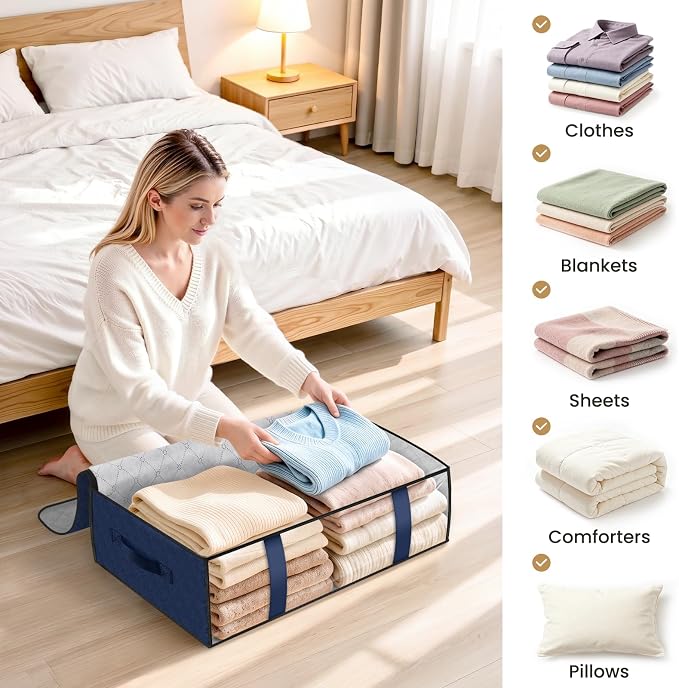 StorageRight Under Bed Storage Bags, 10 Pack, 40L, Blue | Breathable Non-Woven Fabric with a Clear Window and Zippered Top for Clothes, Comforters, Blankets and Seasonal Storage - Image 7