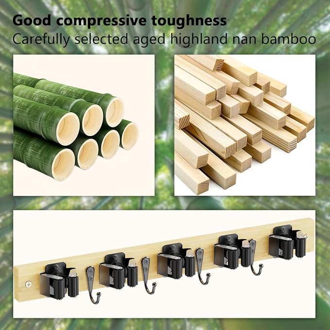 Mop and Broom Holder Wall Mount - Bamboo Broom Mop Hanger - Wall Mounted Garden Tool Rack Organizer for Closet Garage Laundry Room Kitchen Decor With 5 Slots & 4 Hooks (Bamboo) - Image 6