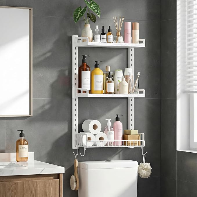 Kalrin 3 Tier Bathroom Shelves Over Toilet - Wall Mounted Floating Shelves with Drain Basket, Toilet Paper Storage, Height Adjustable Over The Toilet Storage, Pure White by Kalrin