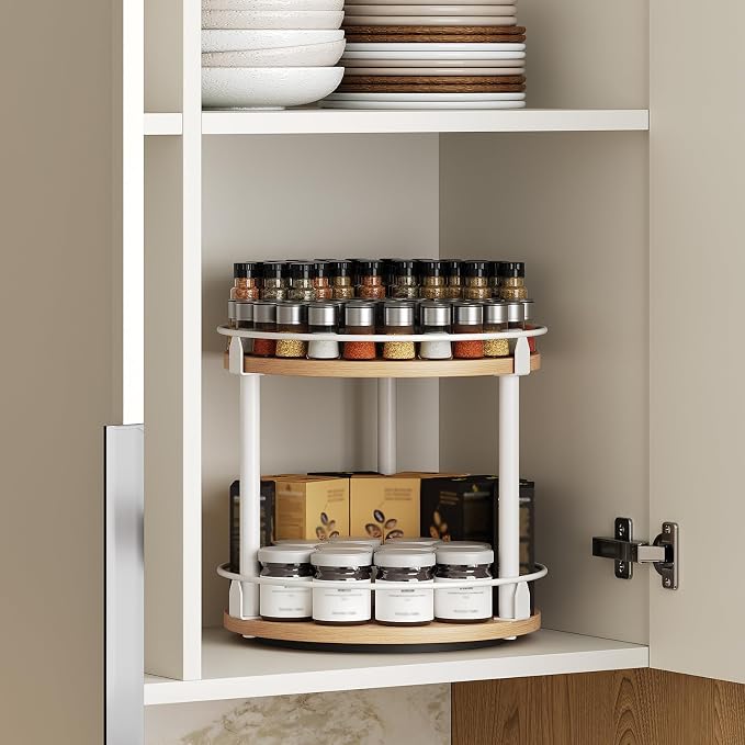 YATINEY Lazy Susan Organizer, Rotating Spice Rack, 2 Tier Spice Turntable Organizer, Industrial Turntable Spice Holder, for Kitchen Countertop, Compact and Versatile, White and Natural SR22WN - Image 3