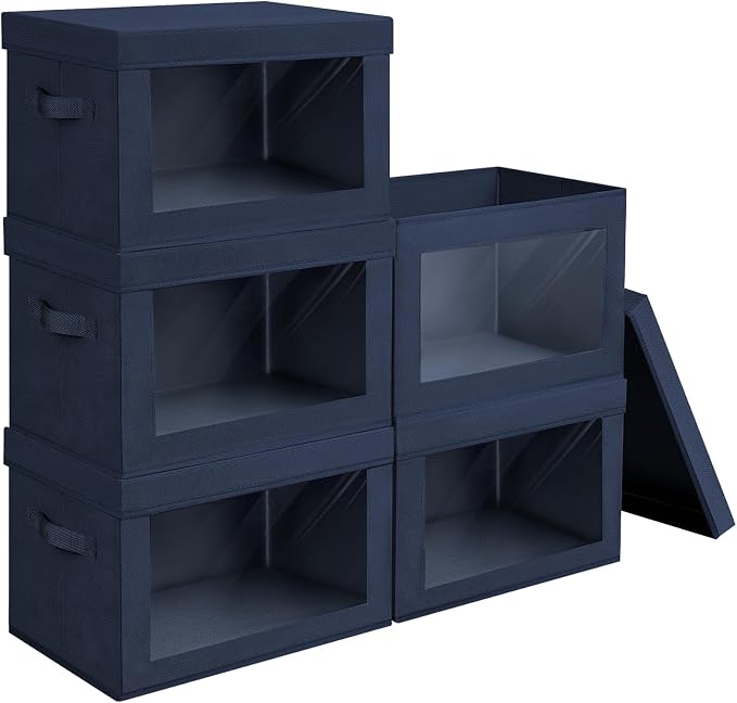 Homsorout Stackable Storage Bins with Lids - Large Decorative Basket with Lids, Fabric Foldable Closet Organizer Bins, Shelf Organizer for Living Room, Dorm, 5 Pack, Navy Blue by Homsorout
