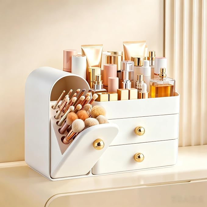 HBlife Makeup Organizer Countertop with Drawers, Vanity Organizers with Brush Holder, Bathroom Counter Organizer for Perfume, Nail Polishes, Lipsticks, Skincare and Eyeshadow Palettes, White - Image 2