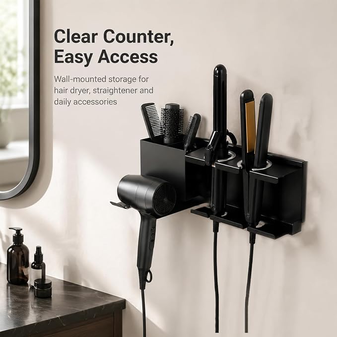 Hair Dryer Holder Wall Mounted, Include Adhesive Strip and Screw Mounting Kits, Hair Tool Organizer Wall Mount for Bathroom, Universal Hair Dryer Holder Rack Storage for Blow Dryer, Curling Iron - Image 8