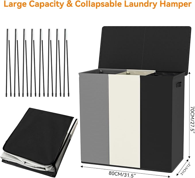 WOWLIVE 180L Laundry Hamper 3 Section, Large Laundry Basket with Lid - Image 5