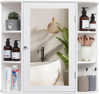 Iwell Bathroom Medicine Cabinet with Mirror, Bathroom Wall Cabinet with 2 Adjustable Shelves & 6 Open Shelves, Medicine Cabinet Organizer, Bathroom Cabinet Wall Mounted, White by IWELL