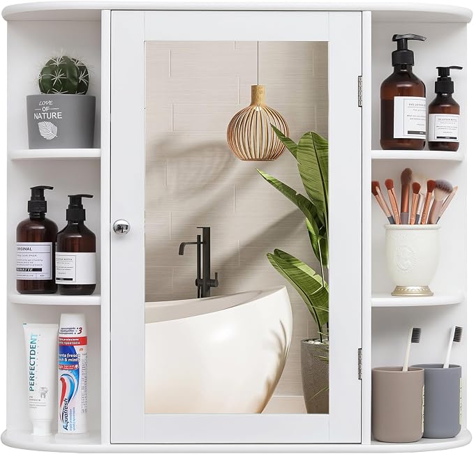 Iwell Bathroom Medicine Cabinet with Mirror, Bathroom Wall Cabinet with 2 Adjustable Shelves & 6 Open Shelves, Medicine Cabinet Organizer, Bathroom Cabinet Wall Mounted, White by IWELL