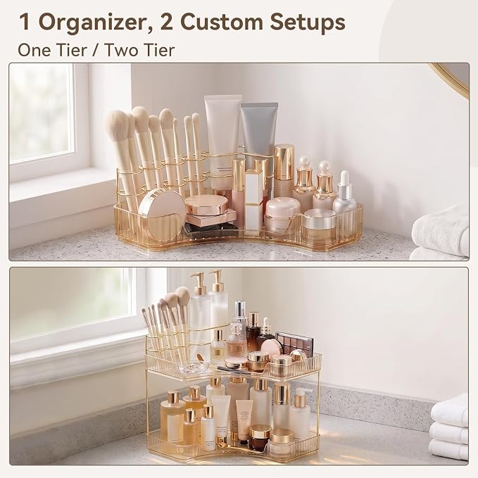2-Tier Corner Bathroom Counter Organizer with Makeup Brush Holder, Gold - Image 7