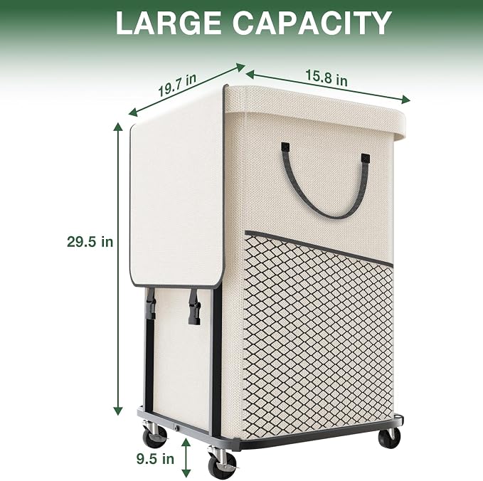 Laundry Basket with Lid, 150L Rolling Laundry Hamper with Wheels White - Image 6