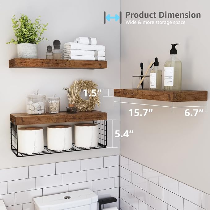 QEEIG Bathroom Shelves Over Toilet - Wall Mounted Floating Shelves Toilet Paper Storage Small Farmhouse Decor Shelf 16 inch Set of 3, Rustic Brown (019-BN3) - Image 3