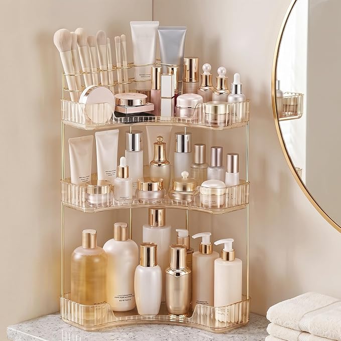 3-Tier Corner Bathroom Counter Organizer with Makeup Brush Holder, Gold by Brothersbox