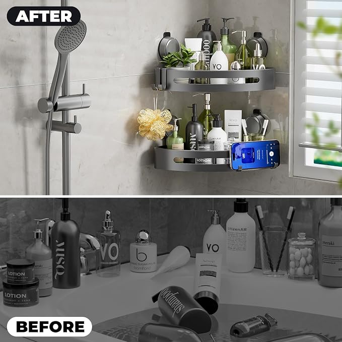 Corner Shower Caddy Suction Cup,Shower Shelves with Hooks,No Drilling Powerful Upgrade Suction Bathroom Corner Organizers and Storage,Removable Waterproof Rustproof Shower Shelf Bathroom Decor(1) - Image 3