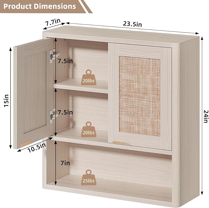 LEYAOYAO Rattan Bathroom Wall Storage Cabinet, Boho Medicine Cabinet - Image 2