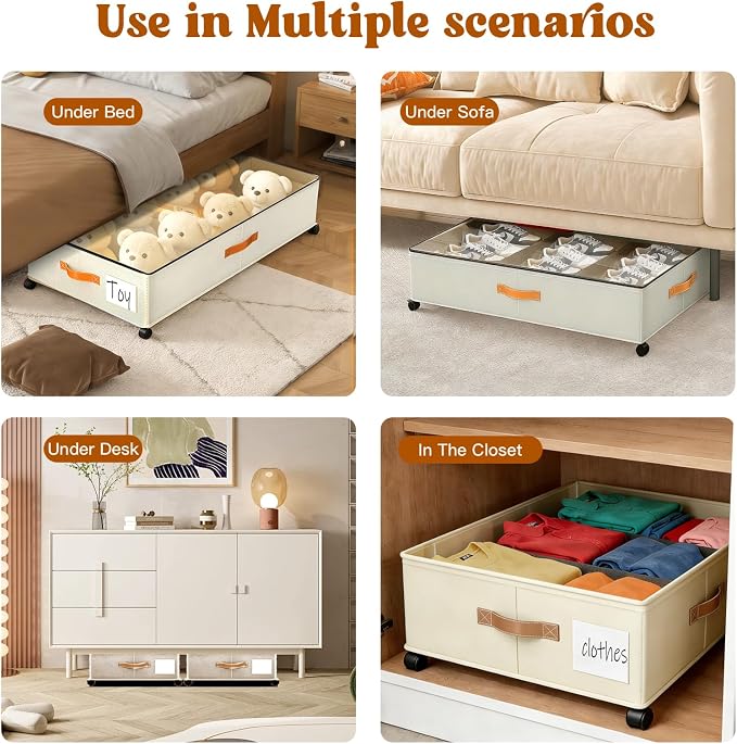 Under Bed Storage with Wheels, Rolling Storage Containers with Clear Lid and Handles for Clothes, Shoes, Blankets, Pillows, Toys, Books, Bags (60L, 30.9 x 16.9 x 6.7in, Beige, 2 Pack) - Image 7