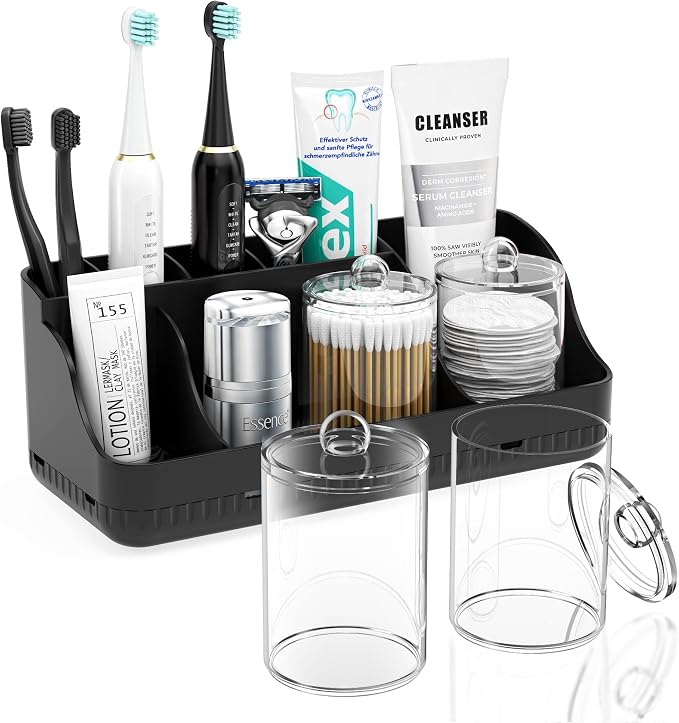 Bathroom Counter Organizer and Storage with 2 Pack Qtip Holder Dispenser, 7 Slots Detachable Toothbrush Holders for Bathrooms, Anti-Slip Electric Toothbrush and Toothpaste Holder Countertop by Homtalker