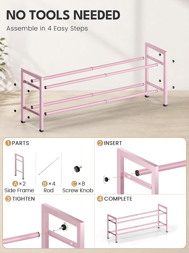 Bumusty 2 Tier Expandable Shoe Rack for Closet, Pink | 18"-33" Adjustable Shoe Rack for Entryway, Small Shoe Organizer for Dorm, Front Door, Sturdy Metal - Image 8