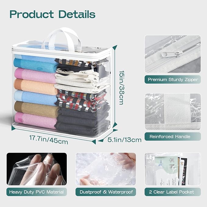 10PACK Clear Zippered Storage Bags for Clothes, 22L Plastic Clothes and Under-Bed Storage Organizers, Blanket Storage Bags for Bedding, Linen, Blankets, Comforters, Clothing & Toys (White) - Image 2