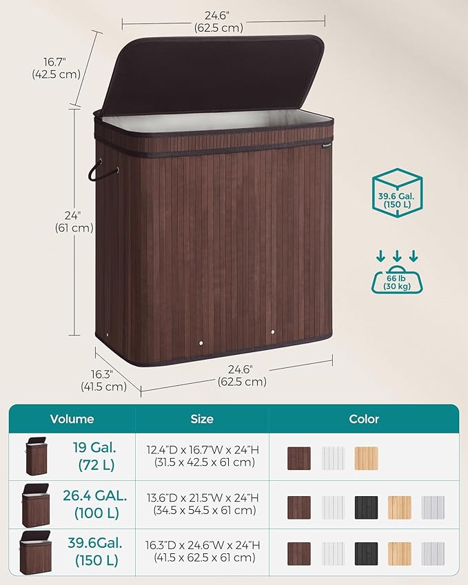 SONGMICS Bamboo Laundry Hamper with Lid, 39.6-Gallons, with Handles - Image 5