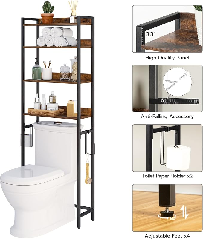 MAHANCRIS Over The Toilet Storage Rack, 4 Tier Bathroom Organizer Over Toilet, Freestanding Space Saver Toilet Stand with 2 Hooks, Bathroom Storage Shelf, Easy to Assemble, Rustic Brown TSHR0401Z - Image 5