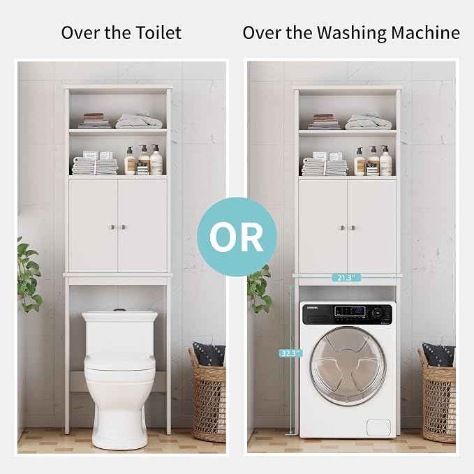 Shintenchi Over the Toilet Storage Cabinet, Bathroom Above the Toilet Rack, Bathroom Adjustable Shelf Organizer with Open Bottom Bar and Anti-Tip Device, White - Image 5