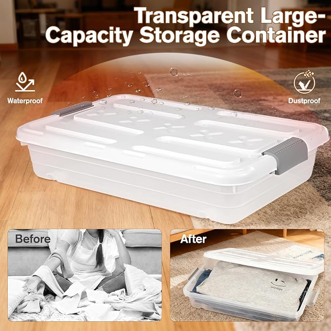 4 PCS*37 Qt Wheeled Latching Under Bed Storage, Stackable Bin with Latch Lid, Plastic Container to Organize Shoes Underbed, Clear with White Lid(White) - Image 6
