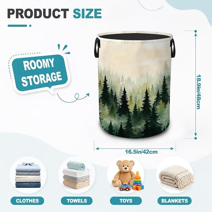 Laundry Hamper,Mountain Forest Collapsible Laundry Basket with Handles,Misty Pine Trees Waterproof Oxford Cloth Clothes Organizer for Bedroom Bathroom Dorm Nursery,16 x 20 Inch - Image 2