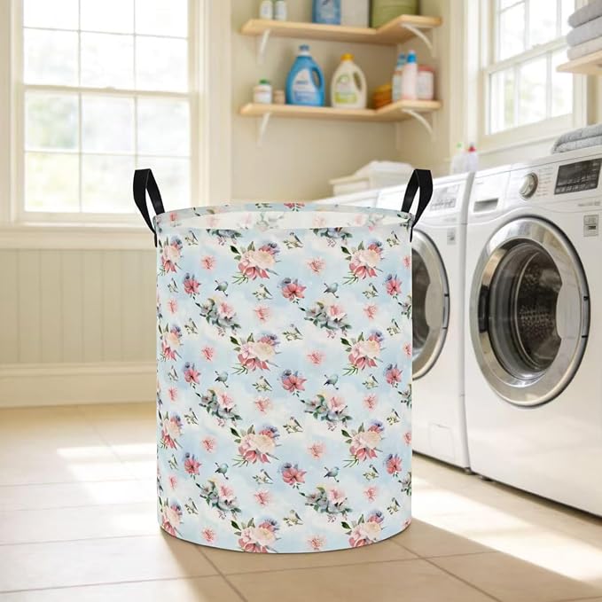 NTAOHAMPER Laundry Hamper,Laundry Basket,Baby Nursery Hamper,Waterproof Storage Bin,Clothes Organizer Basket,Room Decor(Blue Retro Flower） - Image 4