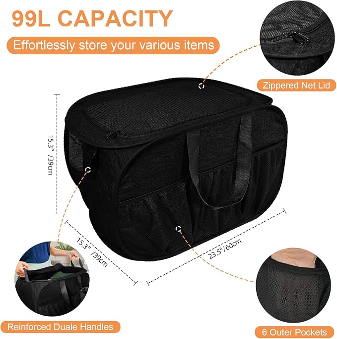 Collapsible Laundry Baskets with Lid, Foldable Laundry Basket with Pockets, Pop Up Laundry Hamper with Dual Handles, 99L Sturdy Clothes Hampers for Clothes, Groceries, Supplies, Tools, Black - Image 5