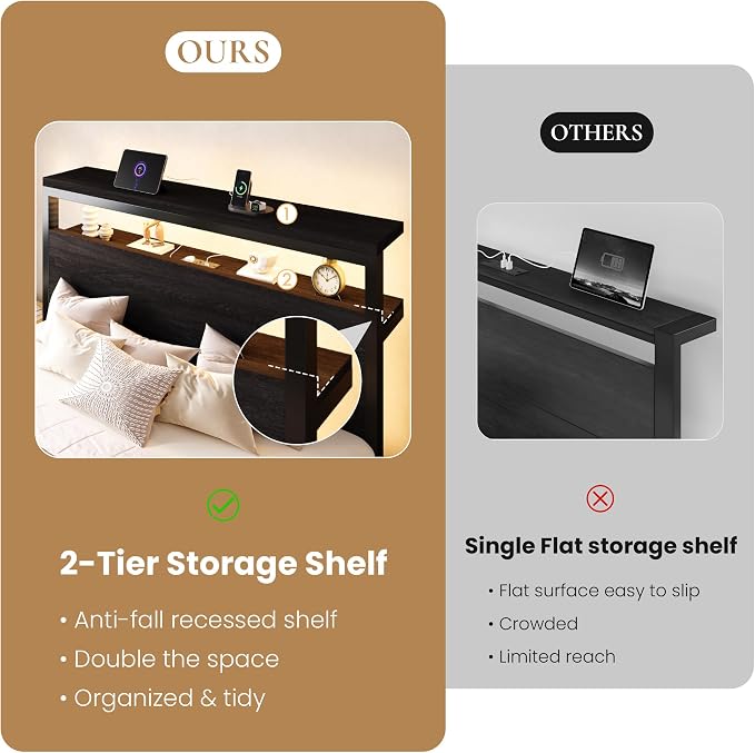 SHA CERLIN Full Bed Frame, 2-Tier Storage Headboard, LED, Charging Station - Image 5