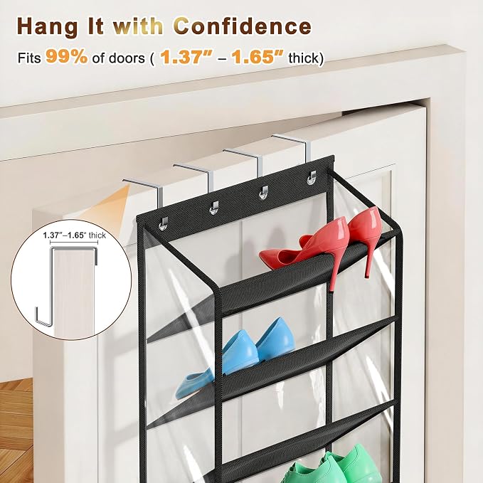 MISSLO 36 Pairs Clear Over the Door Shoe Organizer Closet Hanging Shoe Rack for Door with Large Deep Pockets Shoes Hanger Holder for Sneakers, Boots, Heels Storage (Black) - Image 7