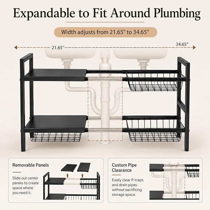 Expandable Under Sink Organizer, 2 Tier Under Sink Shelf, Height Adjustment, Under Sink Shelves with 3 Removable Baskets and 3 Removable Panels for Bathroom Kitchen Pantry Cabit black 21.65in - Image 6