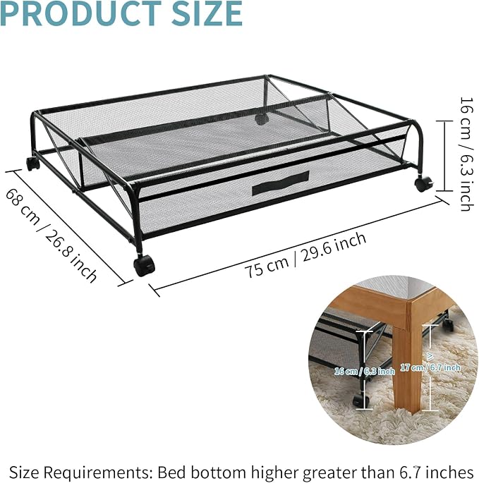 Under Bed Shoe Storage with Wheels, Space Saving Shoe Organizer with Sturdy Metal Frame & Breathable Mesh, Suitable Under the Bed, Sofa and Desk, 2 Packs - Image 2