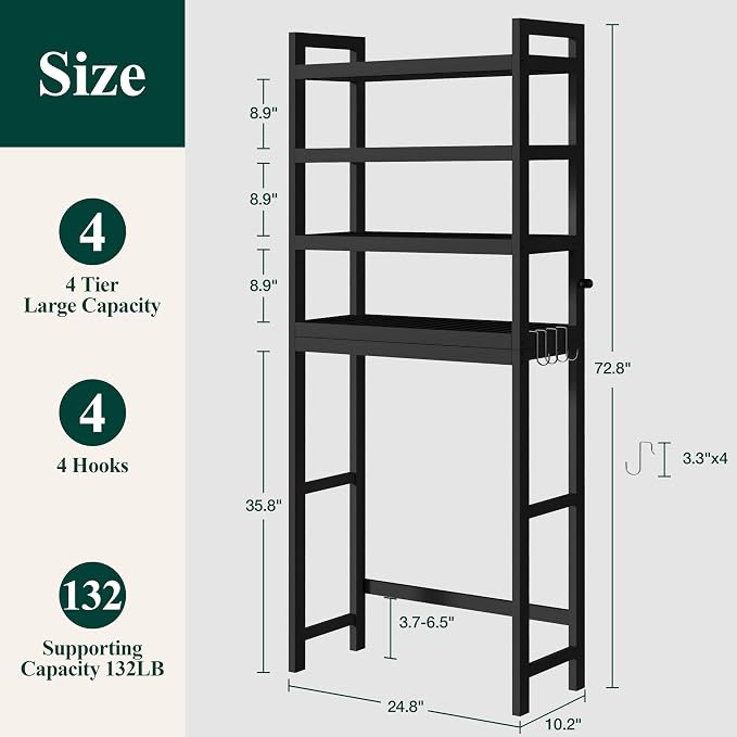 Smiry Bamboo Over The Toilet Storage Cabinet, 4 Tier, Black - Image 2